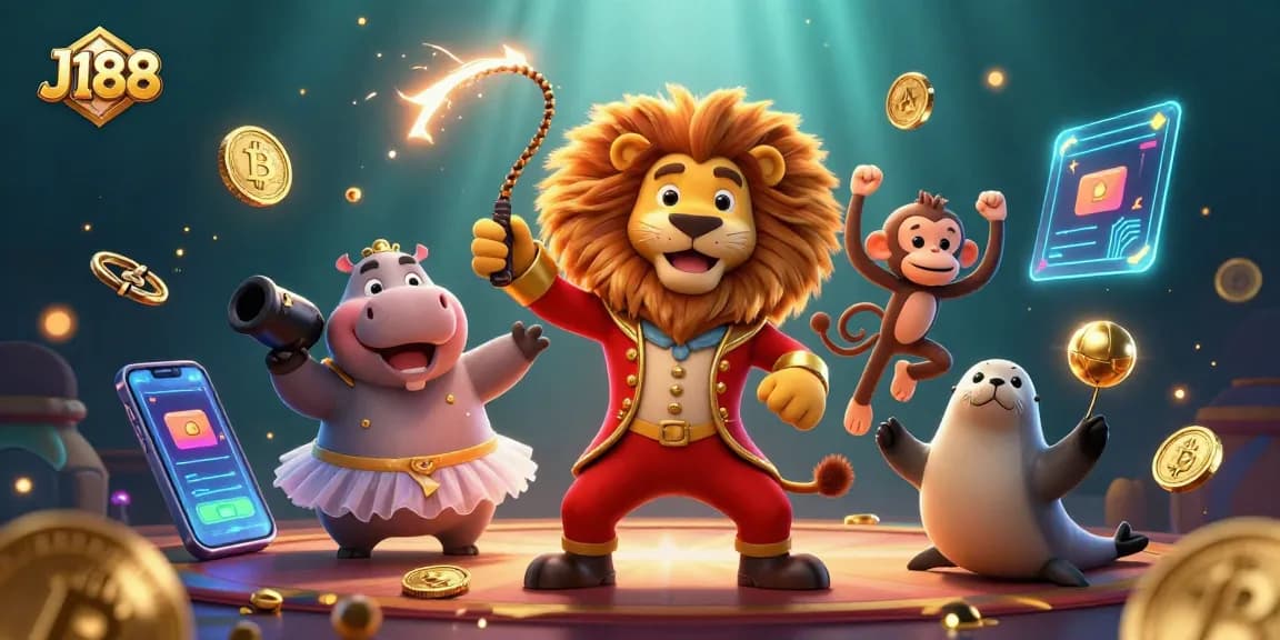 Experience the excitement of J188 casino gaming with colorful characters and dynamic crypto elements.