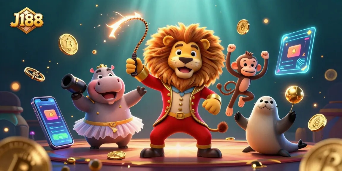 Experience the excitement of J188 casino gaming with colorful characters and dynamic crypto elements.