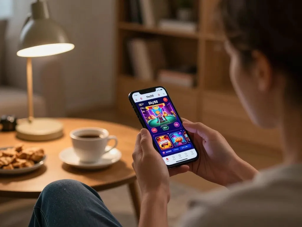 Engaging with the App Sky88 on a smartphone during a relaxed gaming session at home.