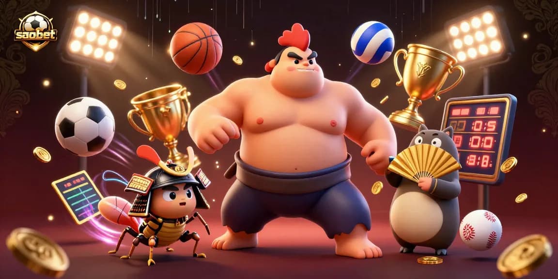 Engaging saobet sports betting illustration featuring a powerful sumo wrestler, a fierce cricket, and dynamic sports balls.