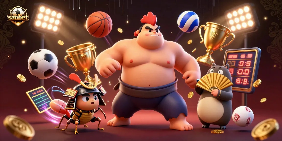 Engaging saobet sports betting illustration featuring a powerful sumo wrestler, a fierce cricket, and dynamic sports balls.
