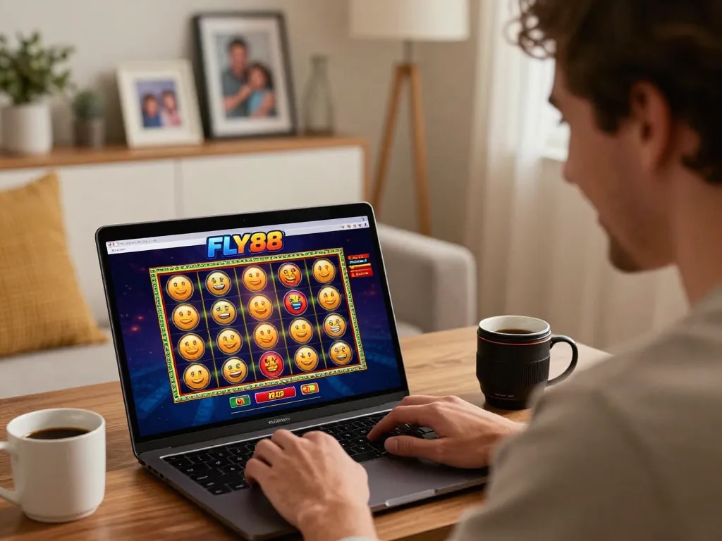 Enjoying FLY88 online casino gaming with vibrant slot reels on laptop in cozy home