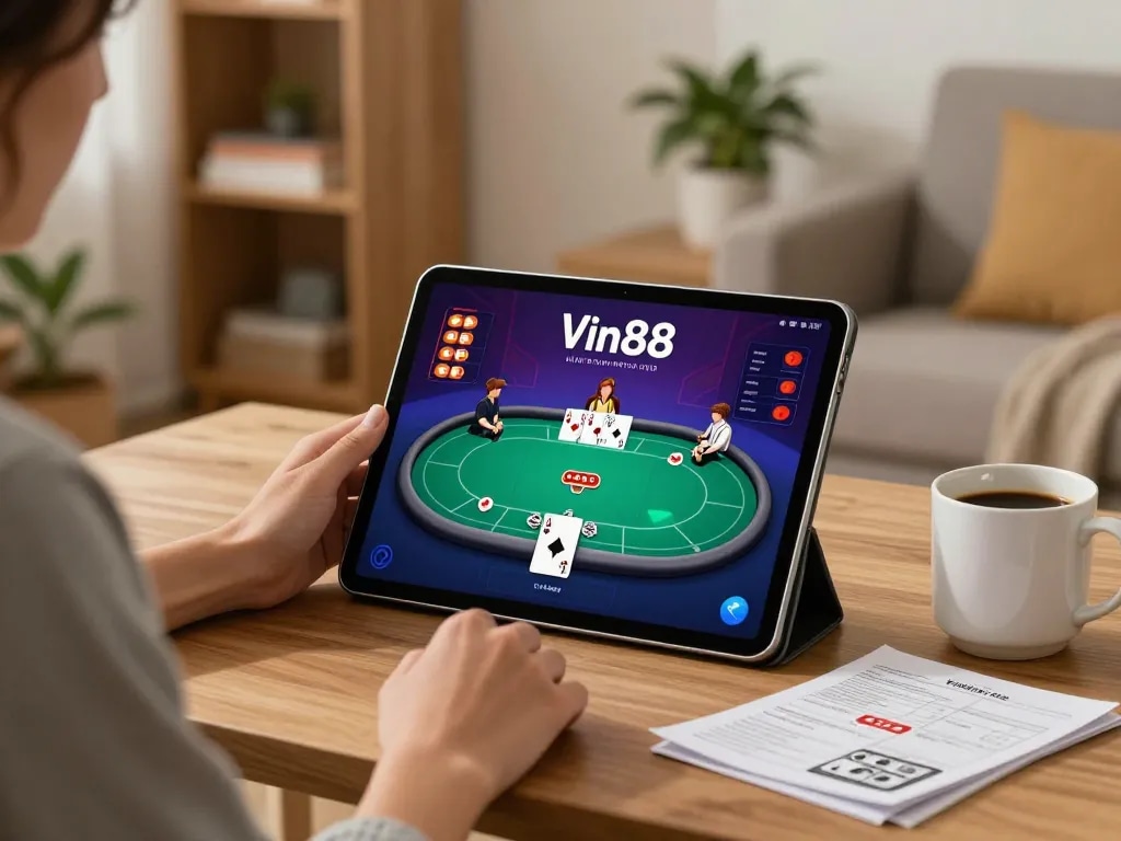 Experience strategic gameplay with App Vin88 on a tablet in a cozy home setting.