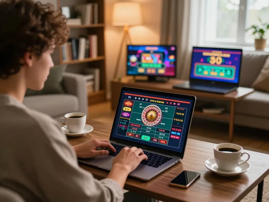 SAY88 player engaging in live dealer game on laptop, showcasing dynamic gaming atmosphere.