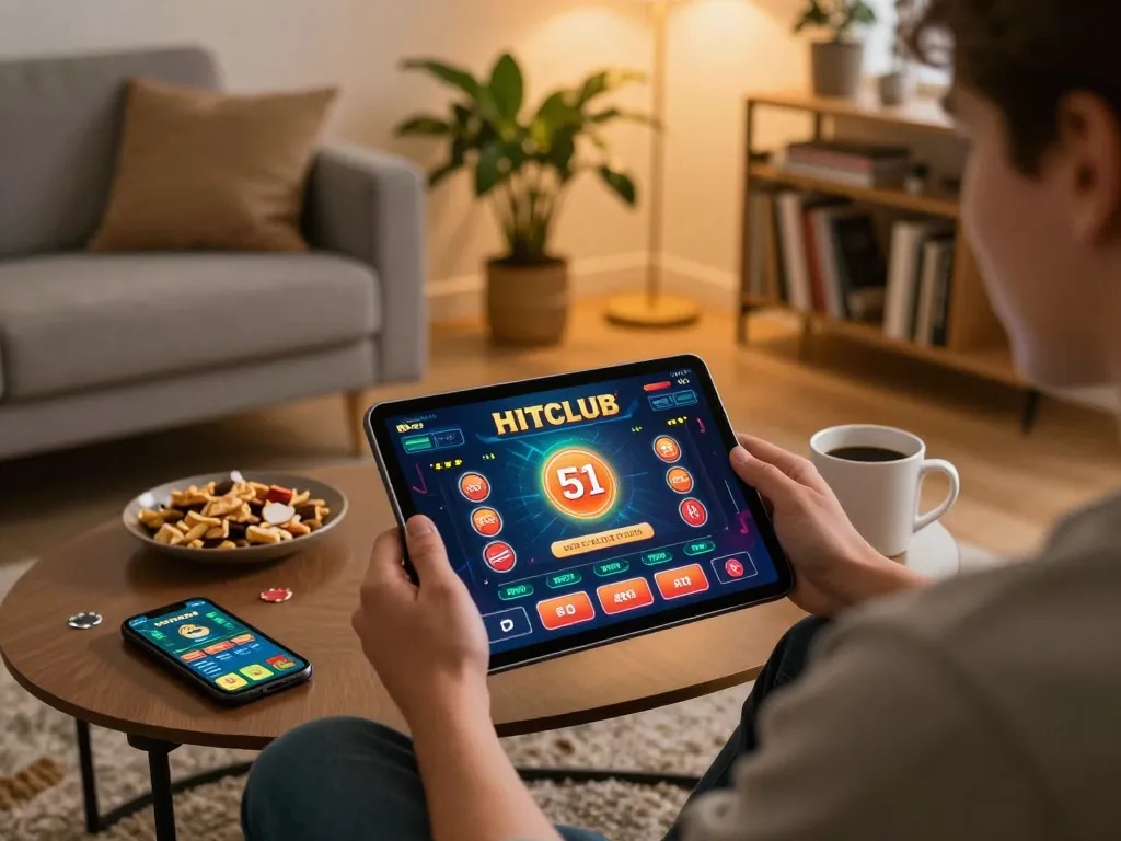 Engaged player enjoying an online HITCLUB casino gaming session using a tablet