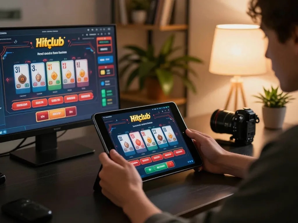 Hitclub user enjoying online gambling strategy on tablet in a cozy home office
