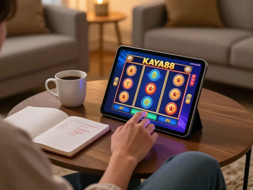 KAYA88 player enjoying slot games on tablet in a cozy home setting, surrounded by strategy notes.