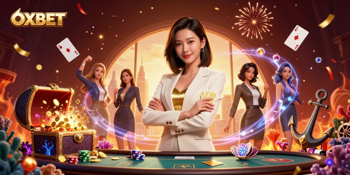 Experience thrilling gameplay with OXBET as an elegant character holds golden cards