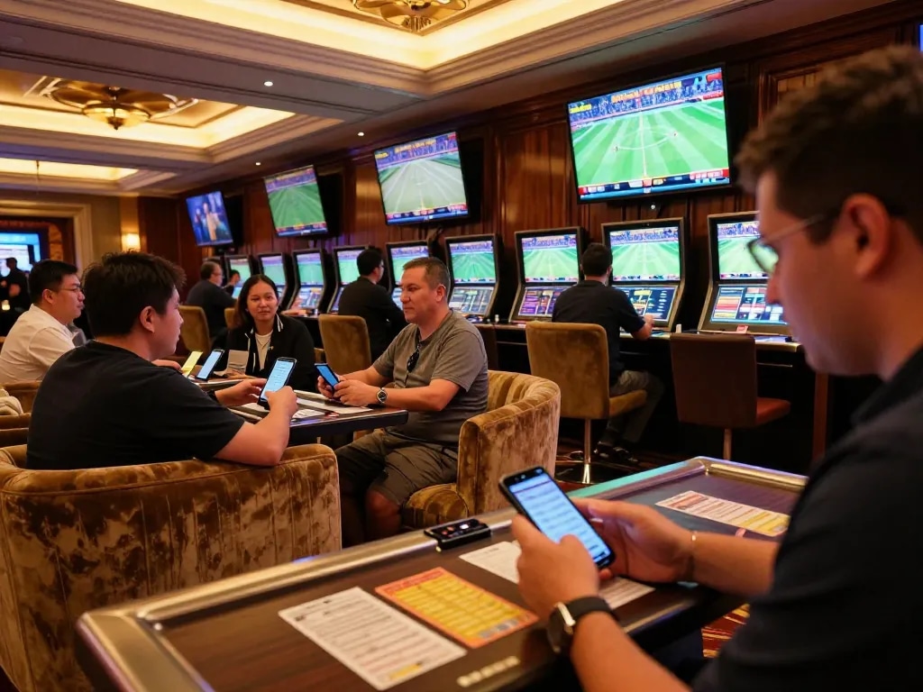 Betting enthusiast places bets on their phone in a Go8 casino sports betting area