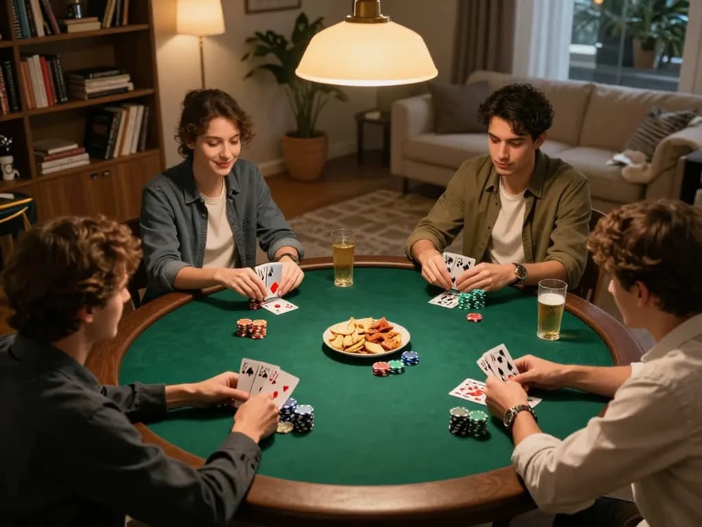 Tỷ lệ kèo nhà cái seen in a lively poker night with friends analyzing their hands and strategizing, showcasing camaraderie.