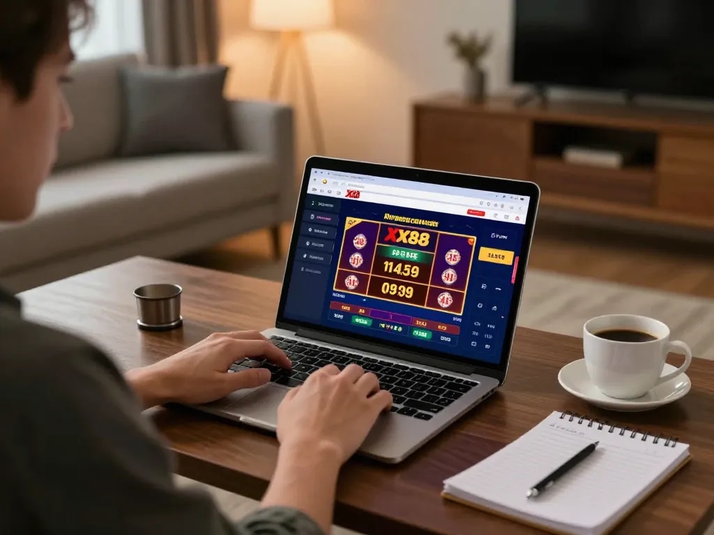 Engaging in online casino gaming with XX88 on a laptop from a cozy home setup