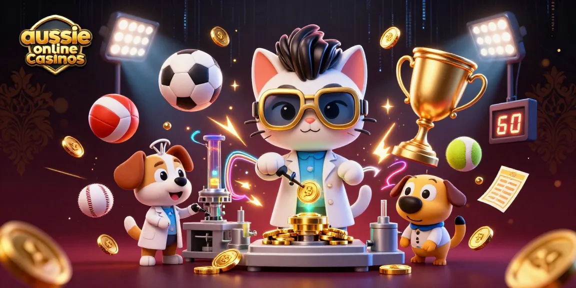 A powerful mad scientist cat and assistant dog create winning strategies for aussie online casinos amidst dynamic sports and gaming elements.
