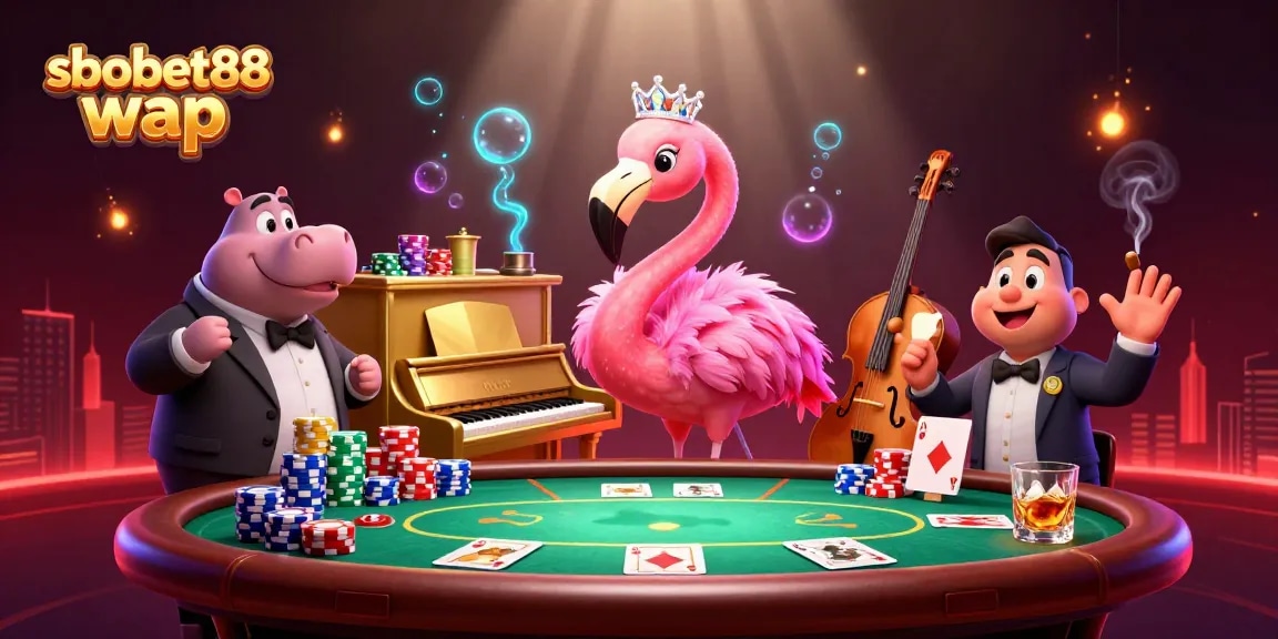 Experience sbobet88 wap action with vibrant casino characters and poker excitement in a dynamic scene.