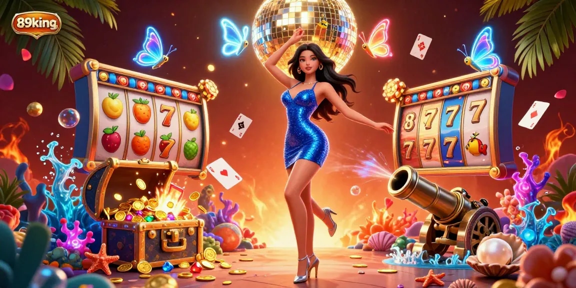 Winning at 89king: Glamorous casino scene with dynamic dance and vibrant slot elements.