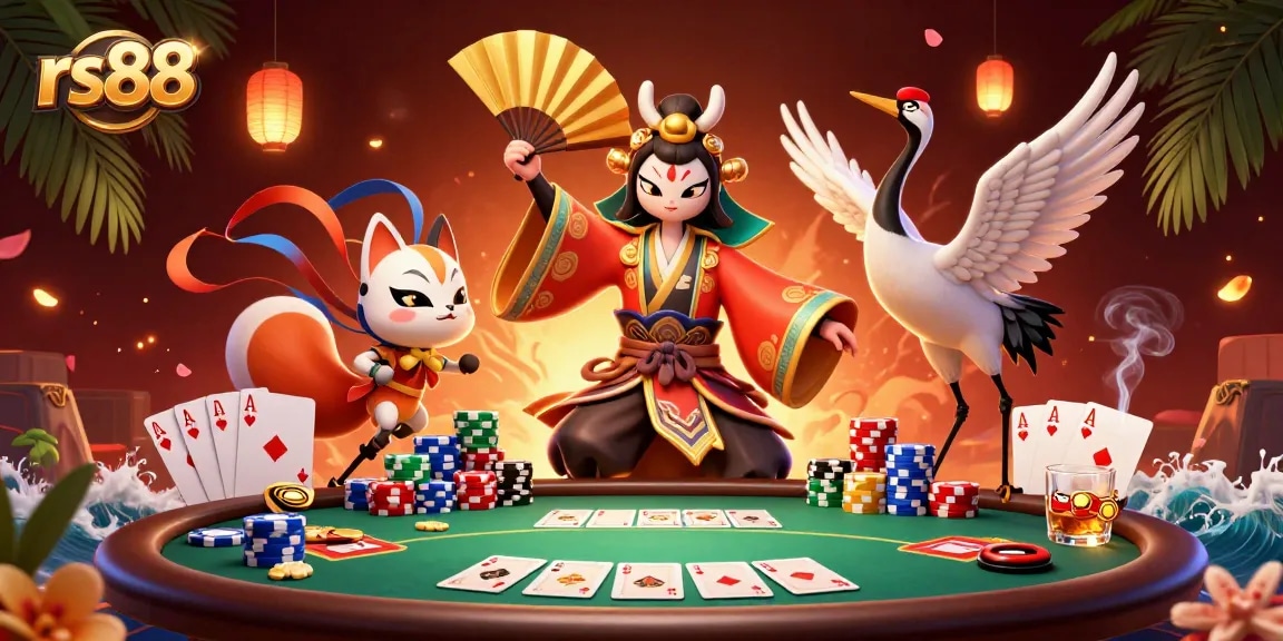 Join the excitement at rs88 with a kabuki warrior alongside poker elements, chips, and vibrant energy.