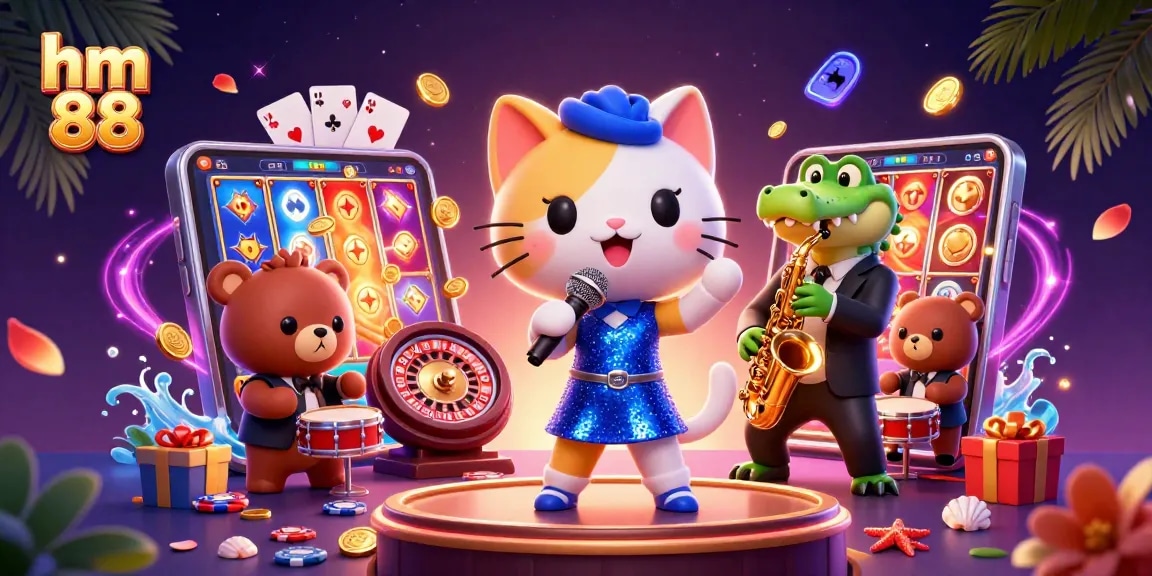 Experience vibrant gameplay at hm 88 with a cat singer, crocodile, and bear playing in a lively casino scene.