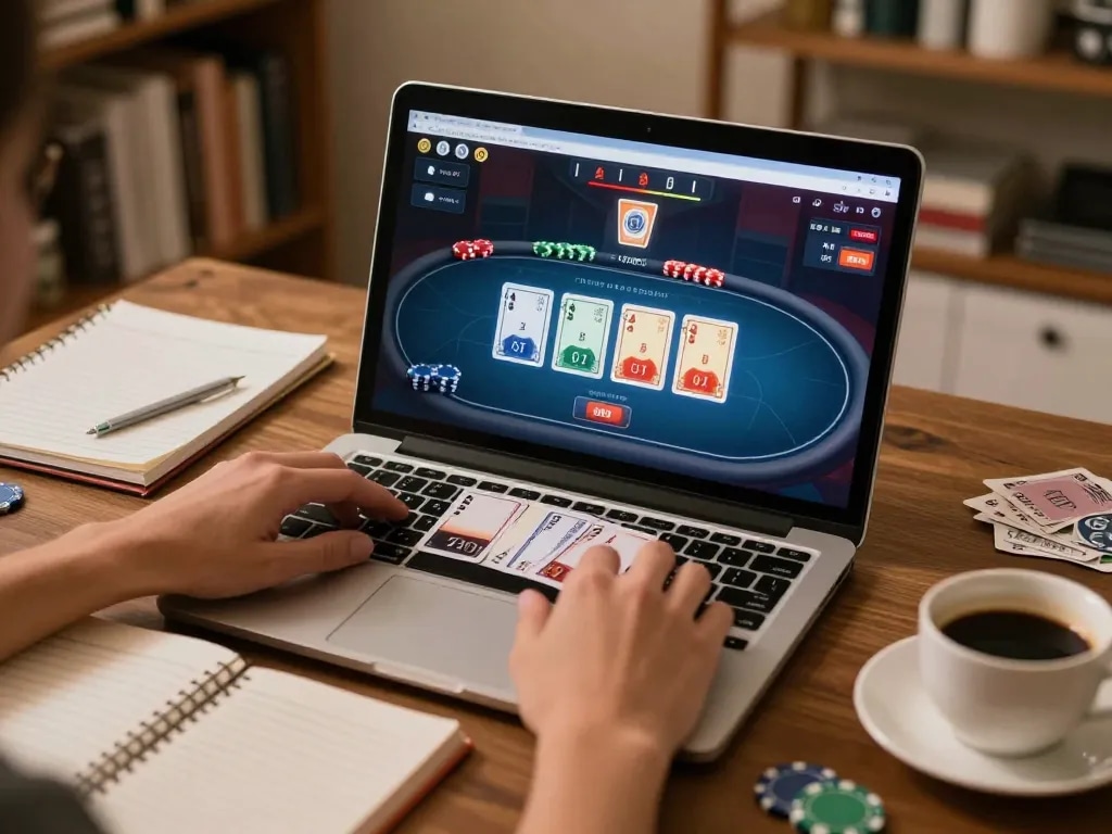 Engaging online poker session at jun88 com with laptop displaying game interface and cozy setup.