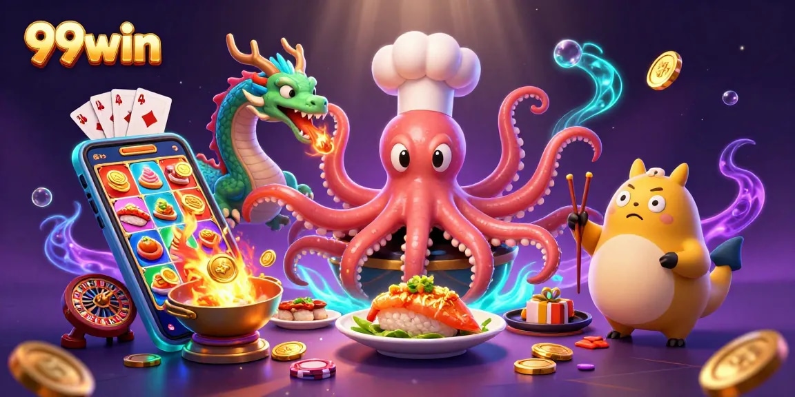 Join the fun at 99win with a colorful slot game and gourmet dishes in a vibrant casino scene!
