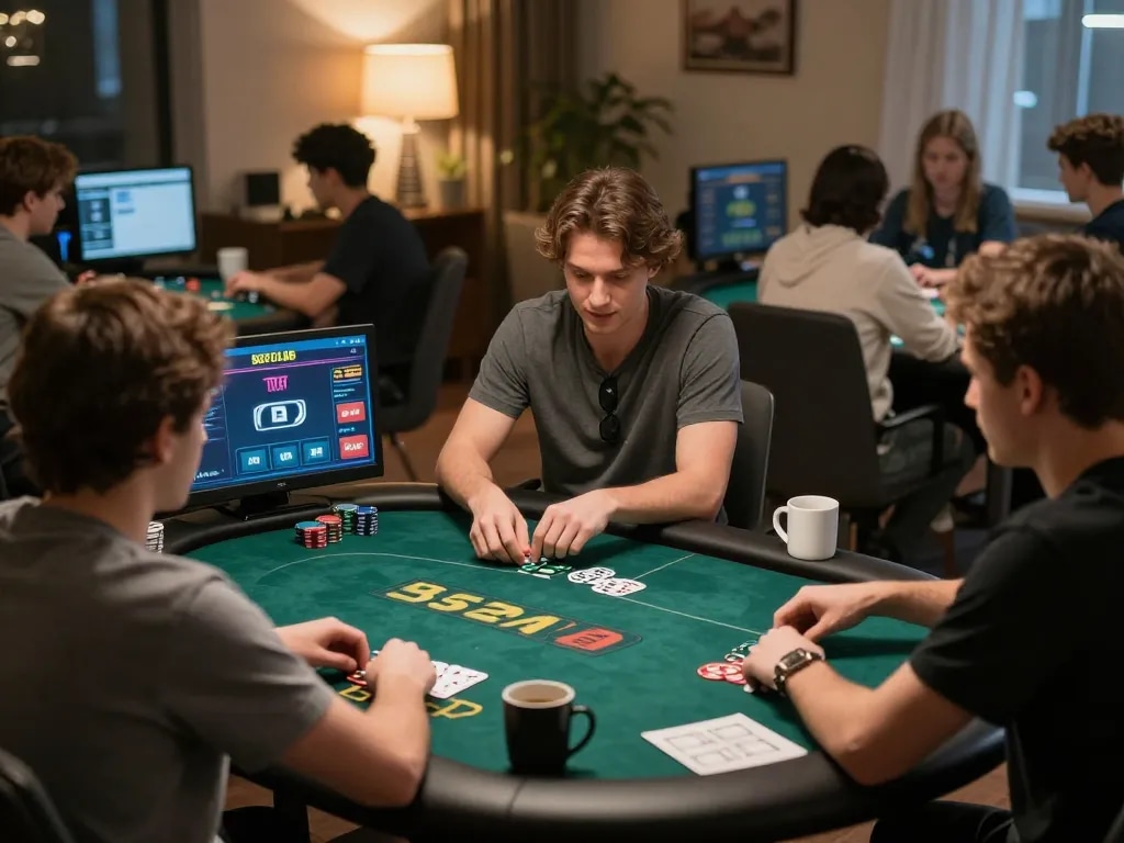 B52club players strategizing in an online poker game, cozy setting with focused gameplay.