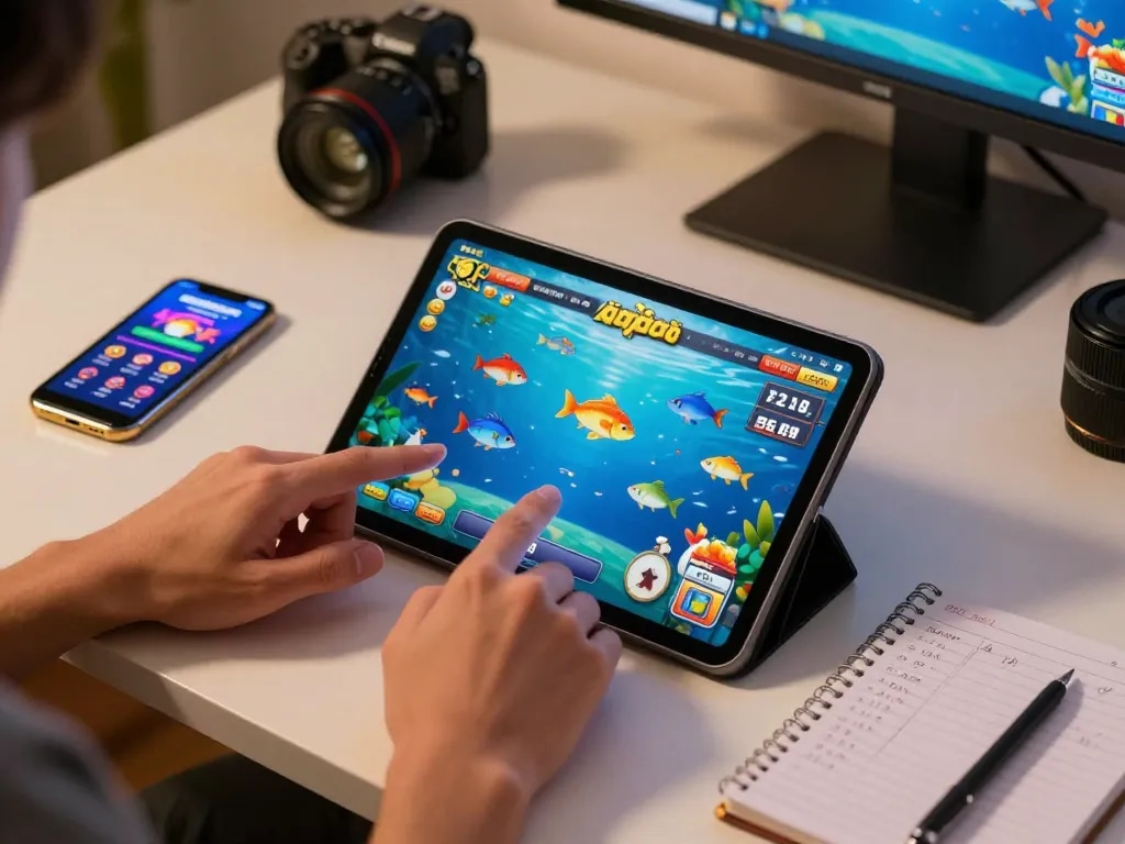 bắn cá mb66 online gaming with vibrant graphics on a tablet, showing thrilling fishing gameplay