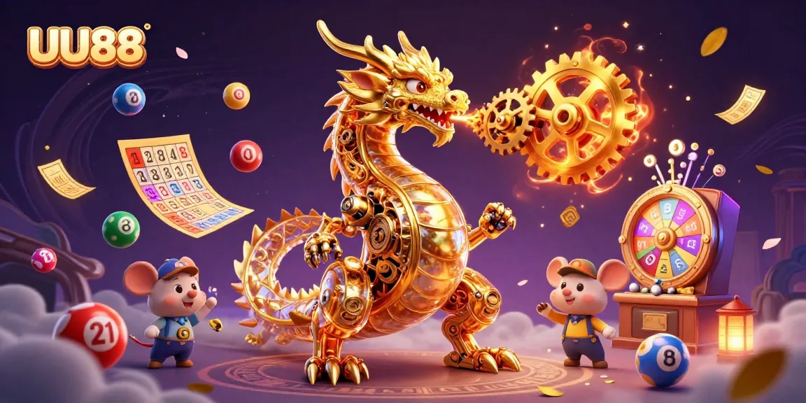 Experience the thrill of UU88 with a magical dragon and vibrant game elements celebrating exciting winnings.