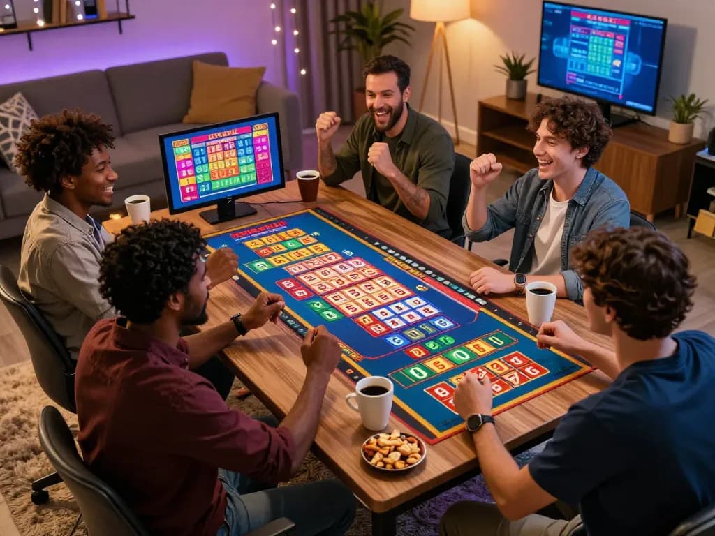 Exciting scene of players engaging in đánh lô đề online lottery game in a cozy living room.