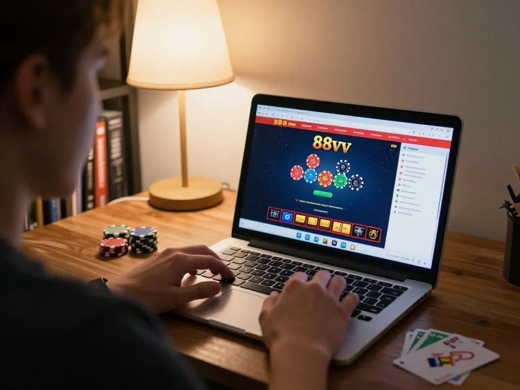 Player engaging with 88vv casino app on a laptop in a cozy home setting, showcasing concentrated gameplay.