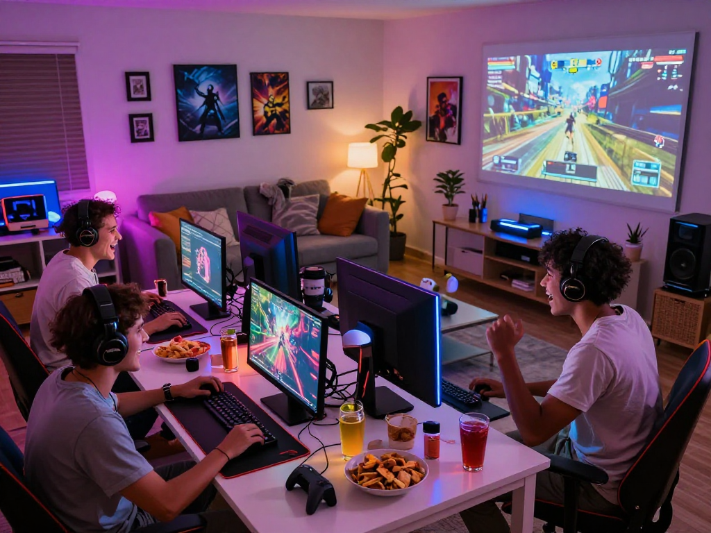 KOMBET168 gaming community gathering with colorful setups and excitement