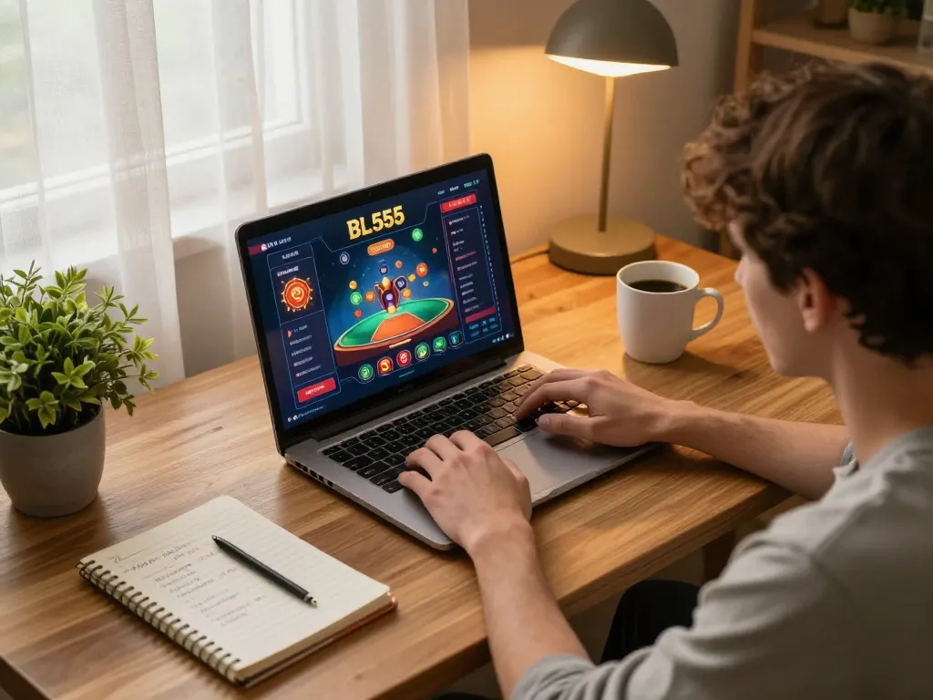 Engaging with BL555 online gaming interface from a cozy home setup, showcasing strategic gameplay.