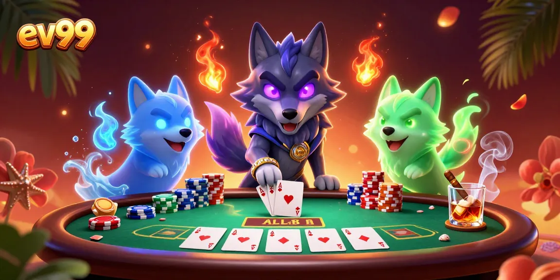 Experience thrilling gameplay with ev99, showcasing a dynamic poker scene featuring animated wolf characters.
