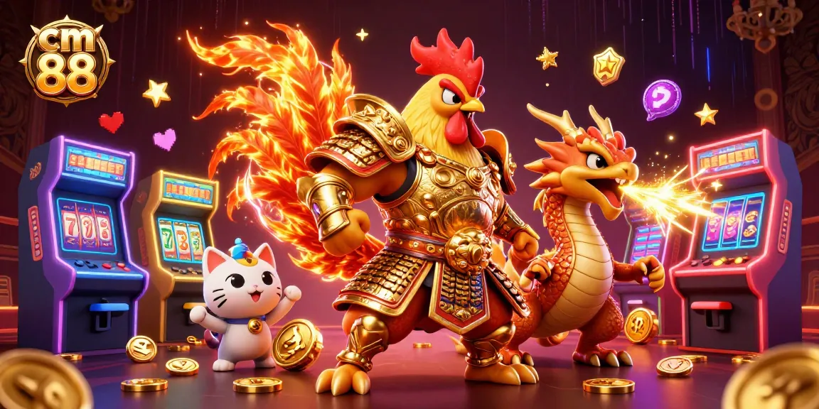Engage with cm 88's thrilling gambling experience featuring a lively rooster warrior amidst dazzling casino elements.
