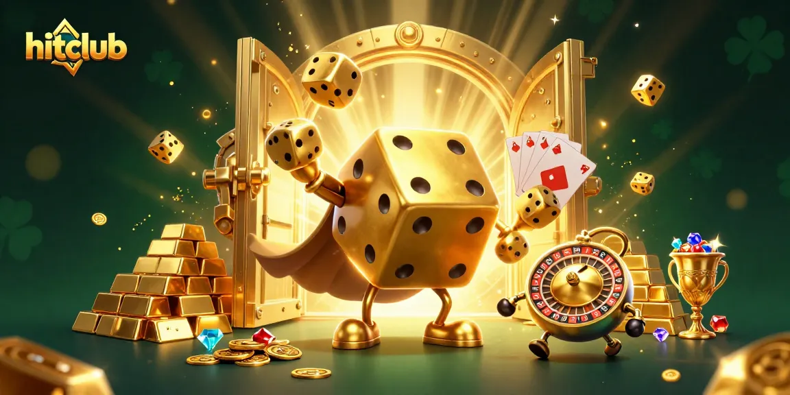 Hitclub characters thrive as golden dice and casino treasures create an exciting atmosphere.