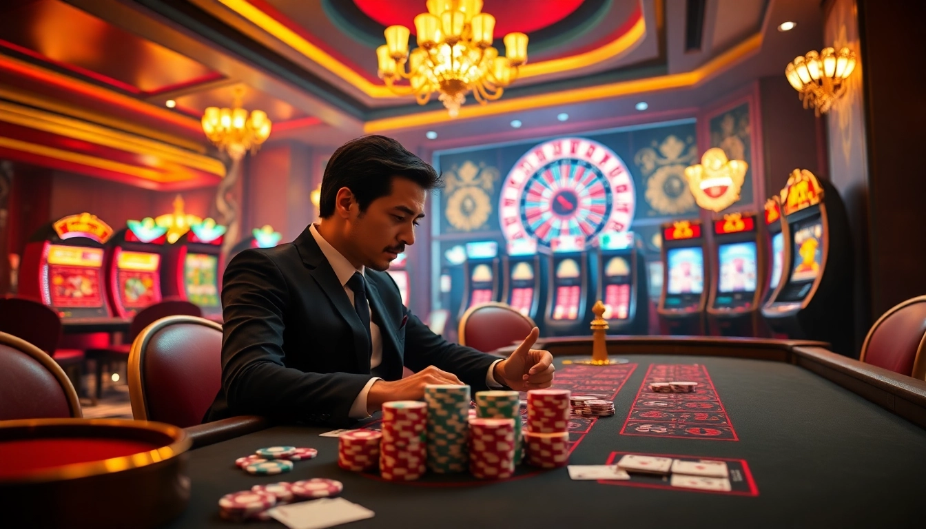 A professional gambler strategizes at a vibrant casino table showcasing 8XX themed poker chips and cards.