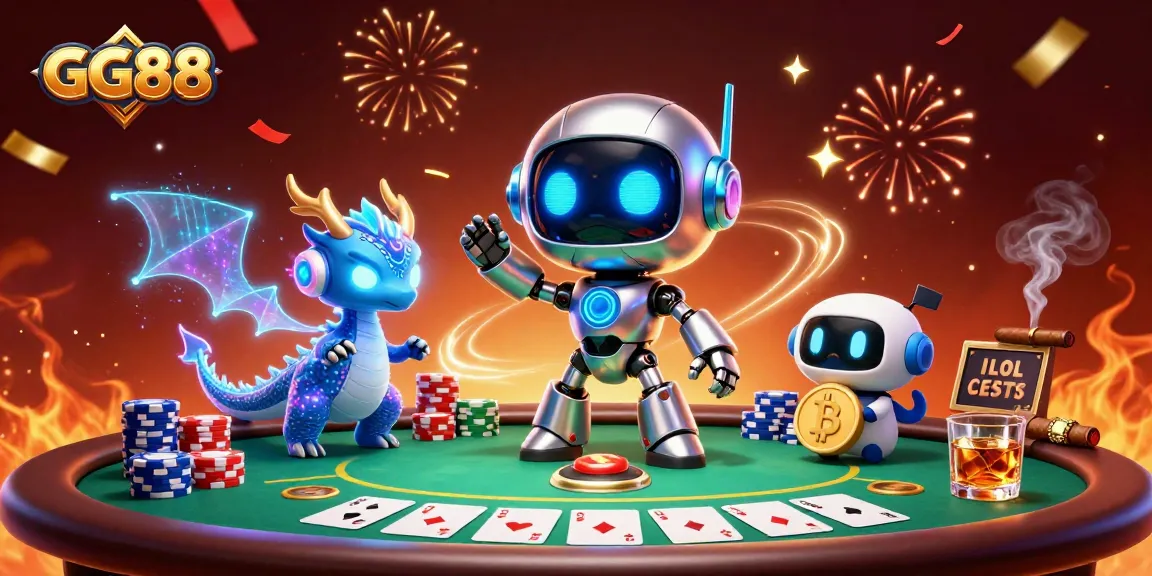 GG88 gaming action illustration showing a cyberpunk robot, holographic dragon, and bitcoin drone at a poker table.
