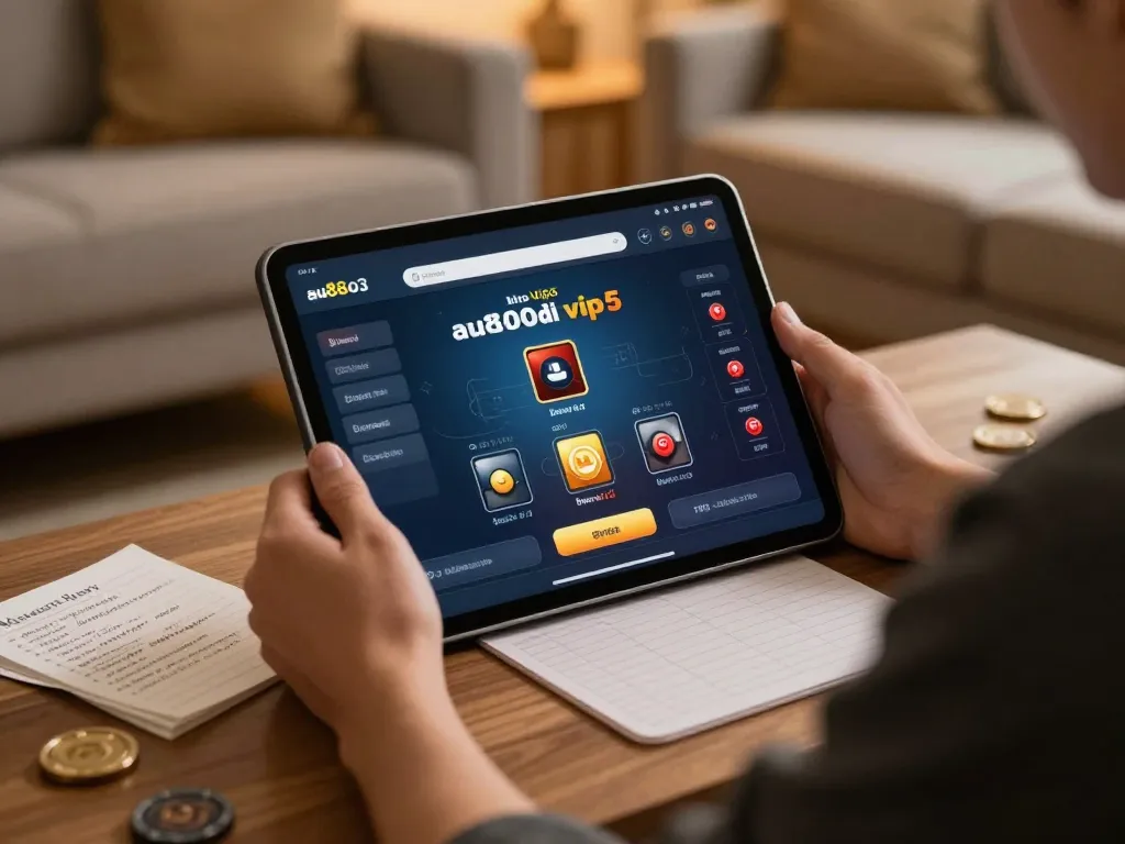 Person using au8803 bio vip5 app on tablet for online casino gaming in a cozy home setting.