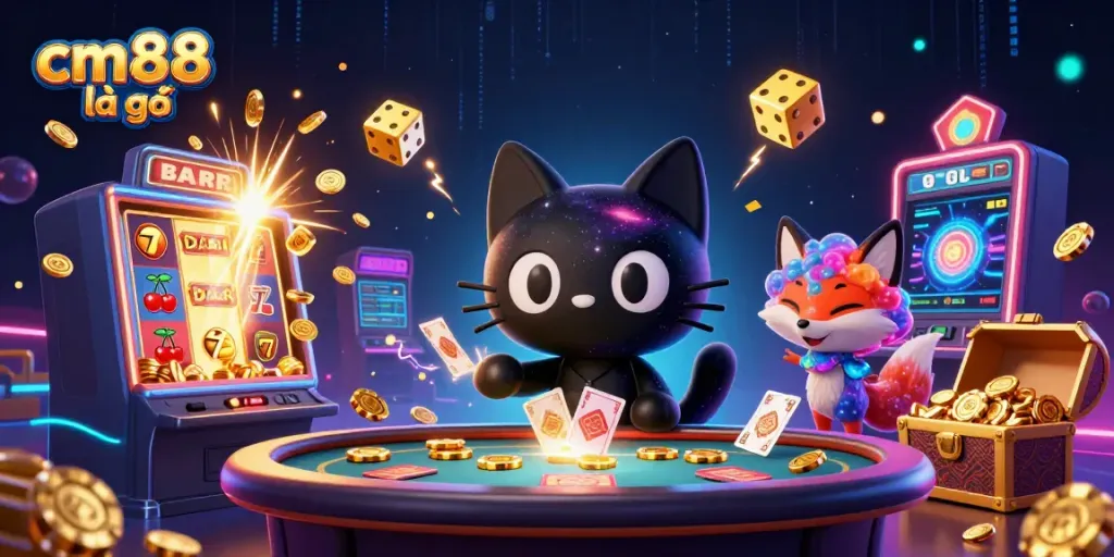 Experience the magic of cm88 là gì as a cosmic black hole cat and nebula fox attract golden chips at a vibrant casino.