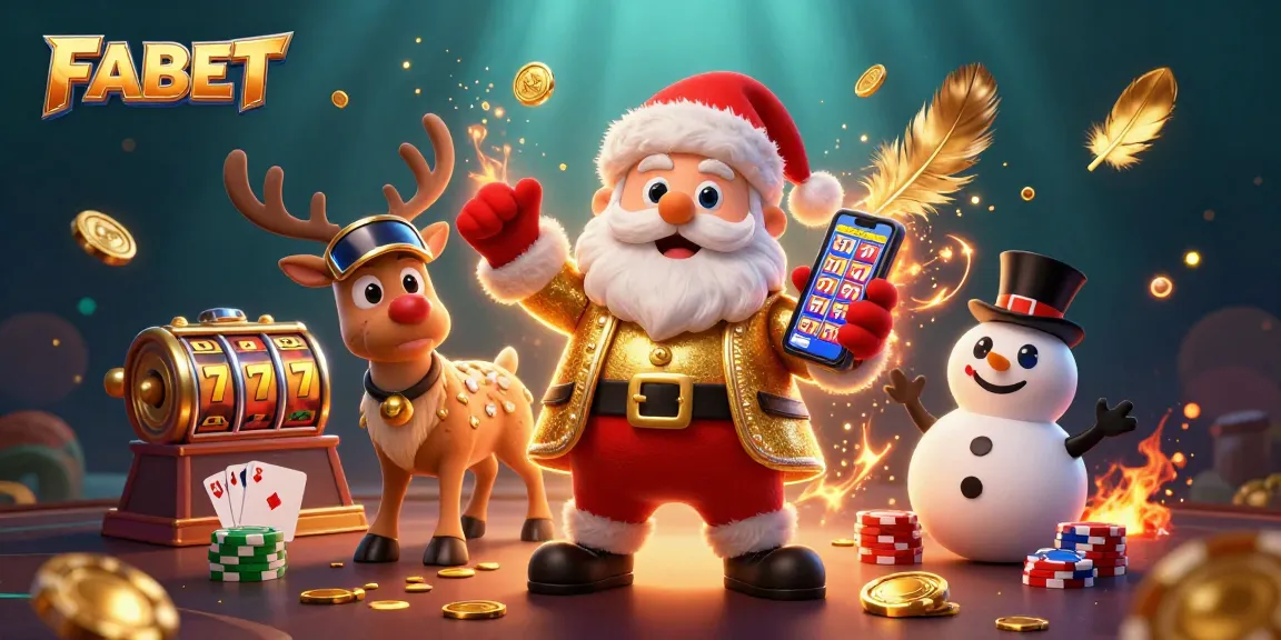 FABET engages players with a festive scene featuring Santa and friends enjoying casino games.