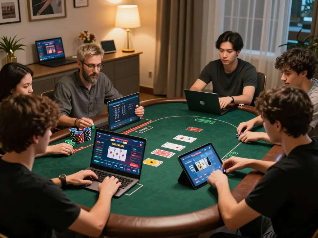 Engaged players enjoying online poker game at 789club, showcasing strategic gameplay in a cozy setting