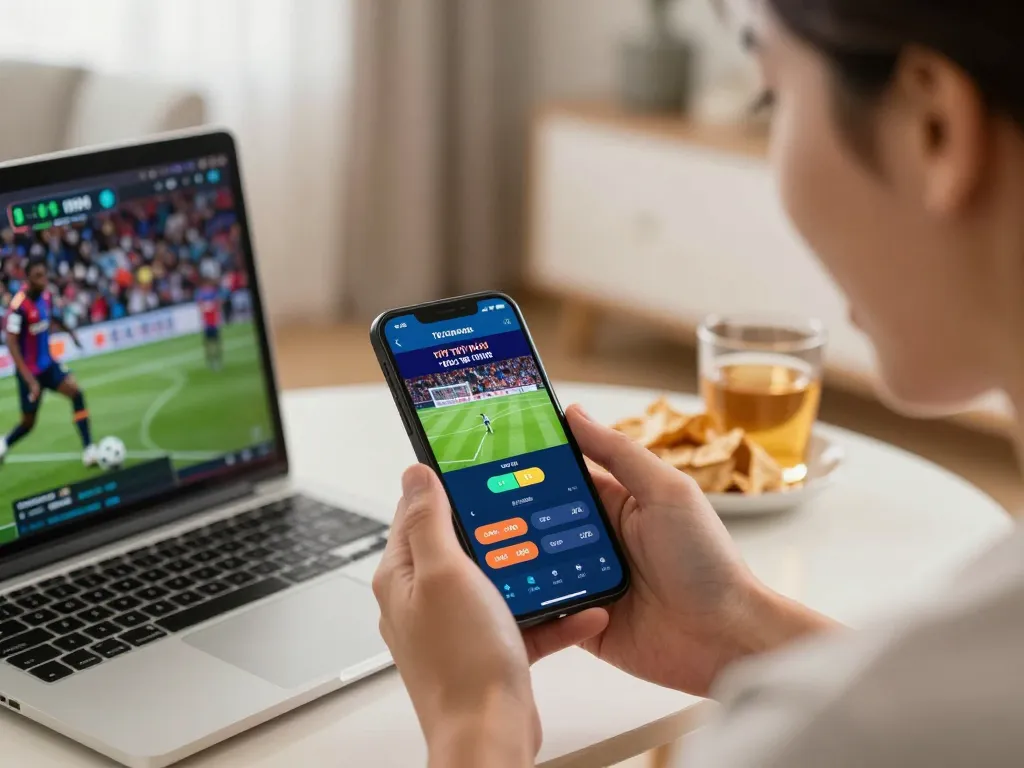 Tỷ lệ kèo trực tuyến displayed on smartphone during casual sports betting at home, showcasing an engaging gaming experience.