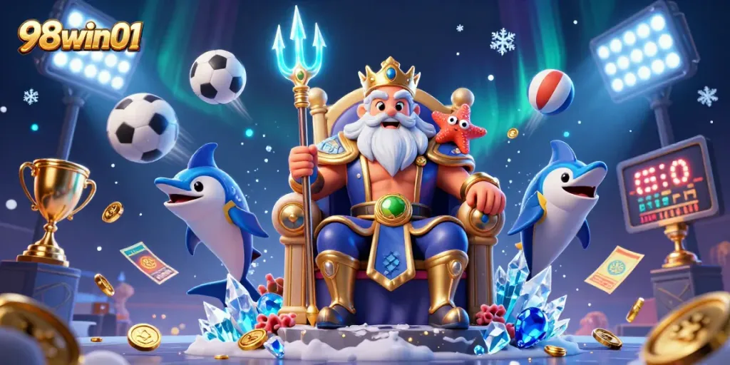 98win01 showcases a vibrant casino scene with Neptune and sports elements, perfect for bettors.