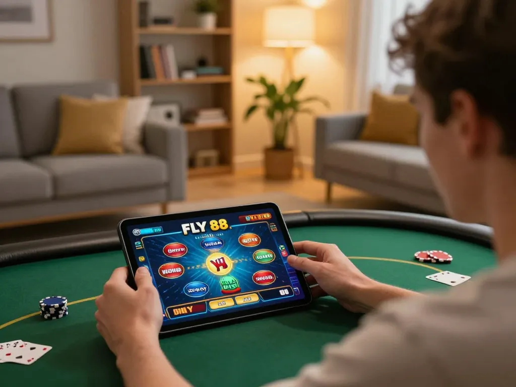 Engaging home gambling session with FLY 88 tablet gameplay in cozy setting.