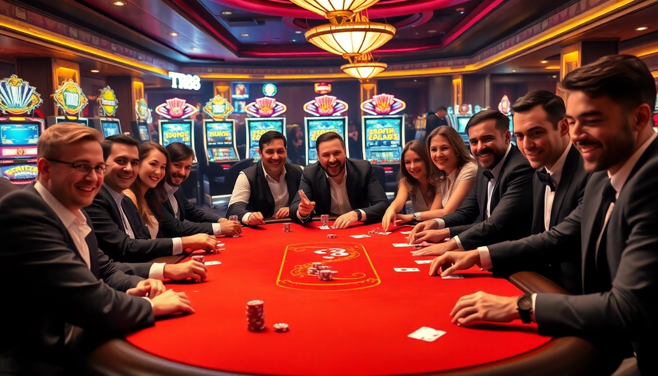 The excitement of players engaged in the TR88 game at a luxurious casino table, surrounded by vibrant gambling elements.