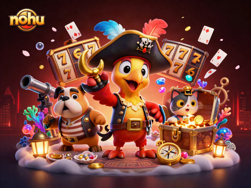 Experience the excitement of nohu with cartoon pirates and vibrant casino elements in a dynamic underwater setting.