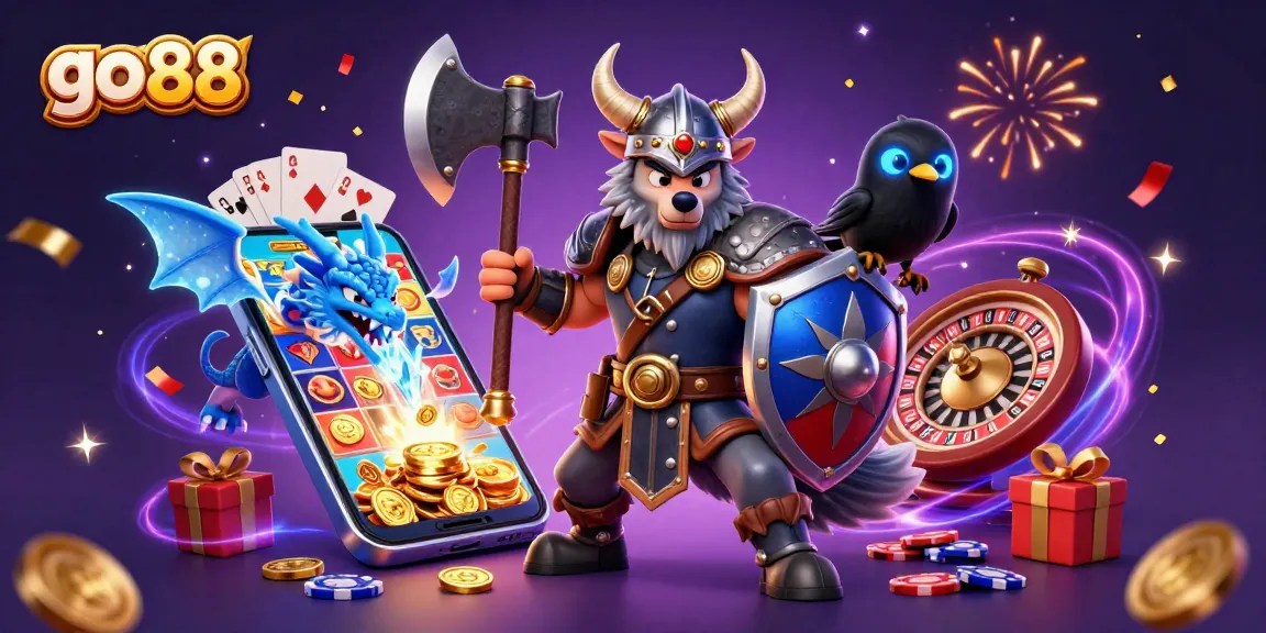 Engage in thrilling gameplay at Go 88 with a Viking wolf warrior and an icy dragon amidst casino treasures.