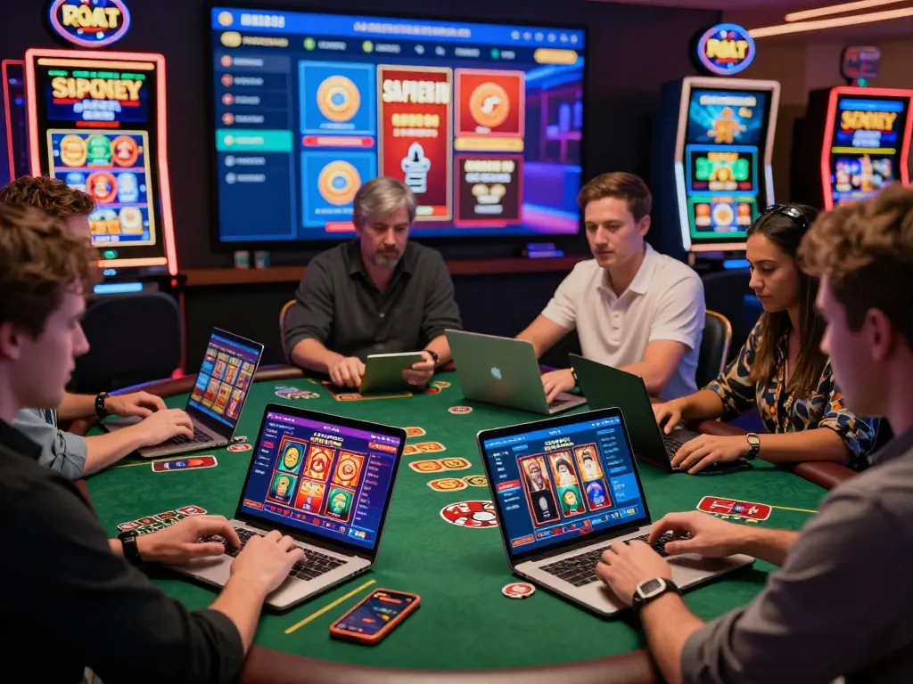 players enjoying TR88 online casino games on laptops and smartphones, showcasing vibrant graphics and engaging atmosphere