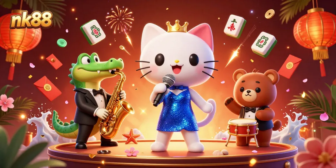 Experience the vibrant charm of nk88 in an animated casino scene with a jazzy cat, a crocodile, and a bear.