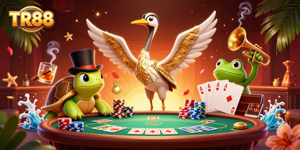 Engage with TR88's exciting online gambling, featuring vibrant casino characters and dynamic action elements.