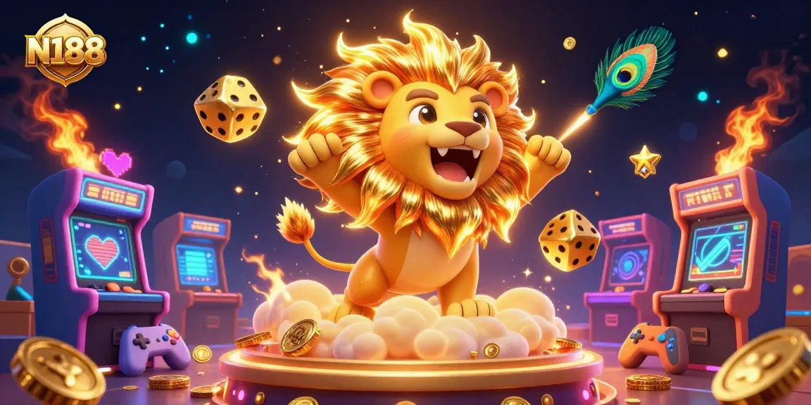 N188 players enjoy vibrant gaming with 3D animated characters and gold dice in a dynamic casino illustration.