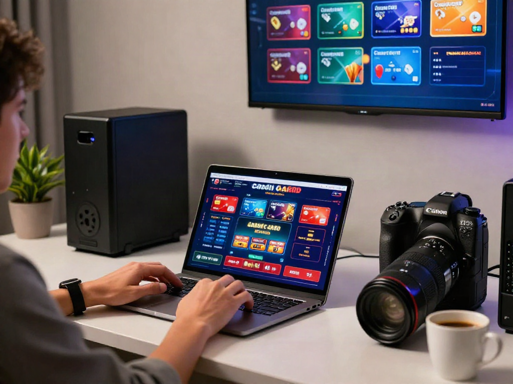 A person engaging with a laptop at a modern workspace showcasing a credit card casino interface, vibrant gaming atmosphere.