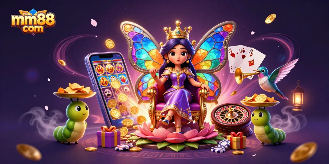 Enhance your gameplay at mm88 com with vibrant casino-themed 3D illustration featuring a butterfly queen and gaming elements.